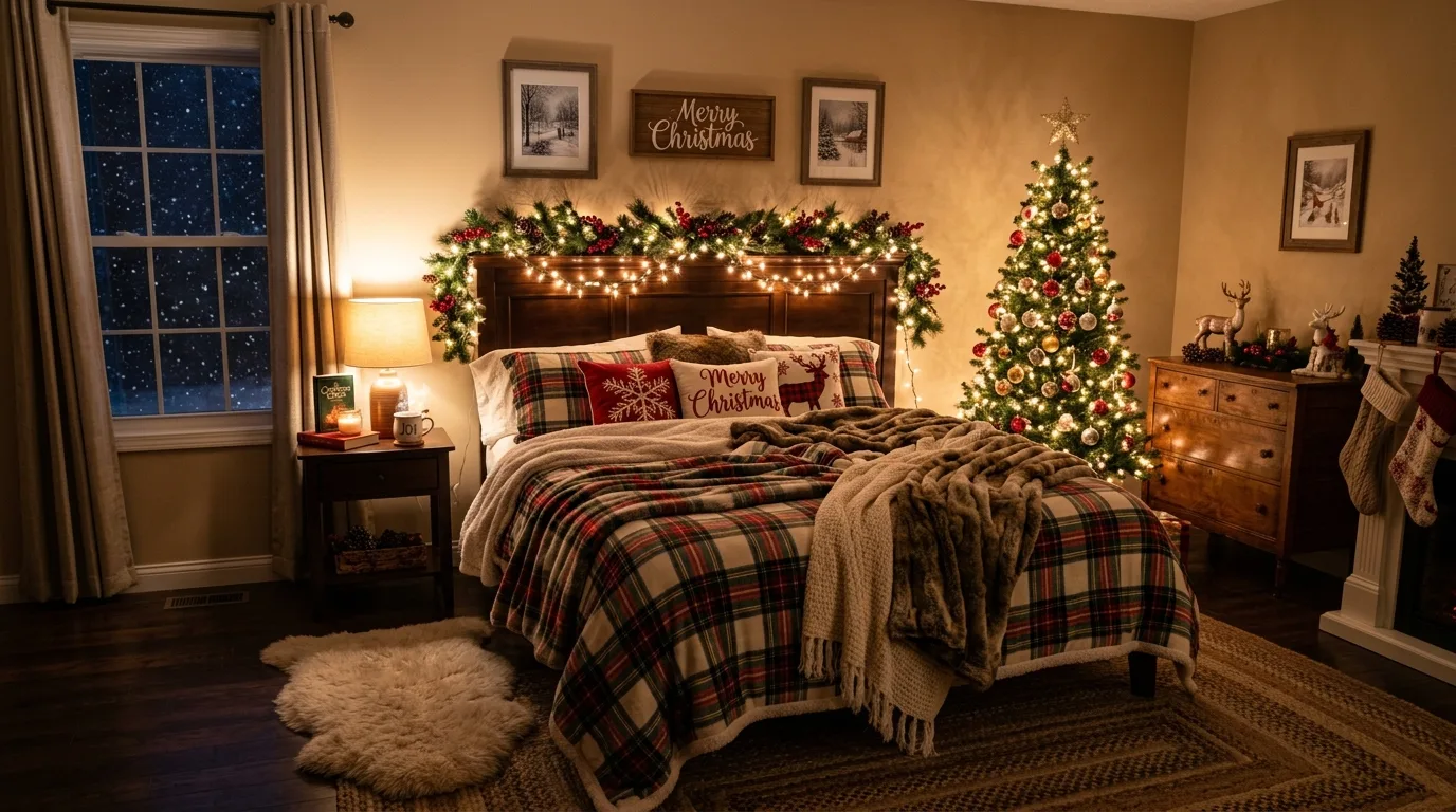 Cozy Christmas bedroom decor with festive and restful seasonal styling.